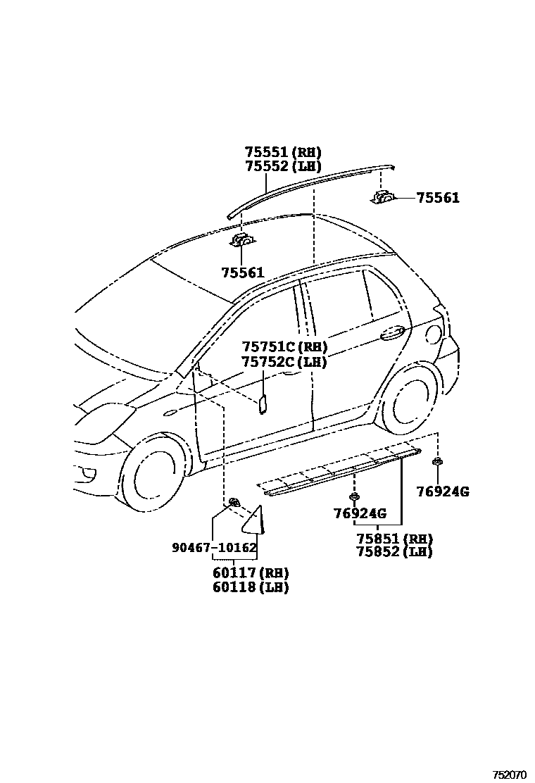 Toyota YARIS 侧防护条 EPC diagram — 752070