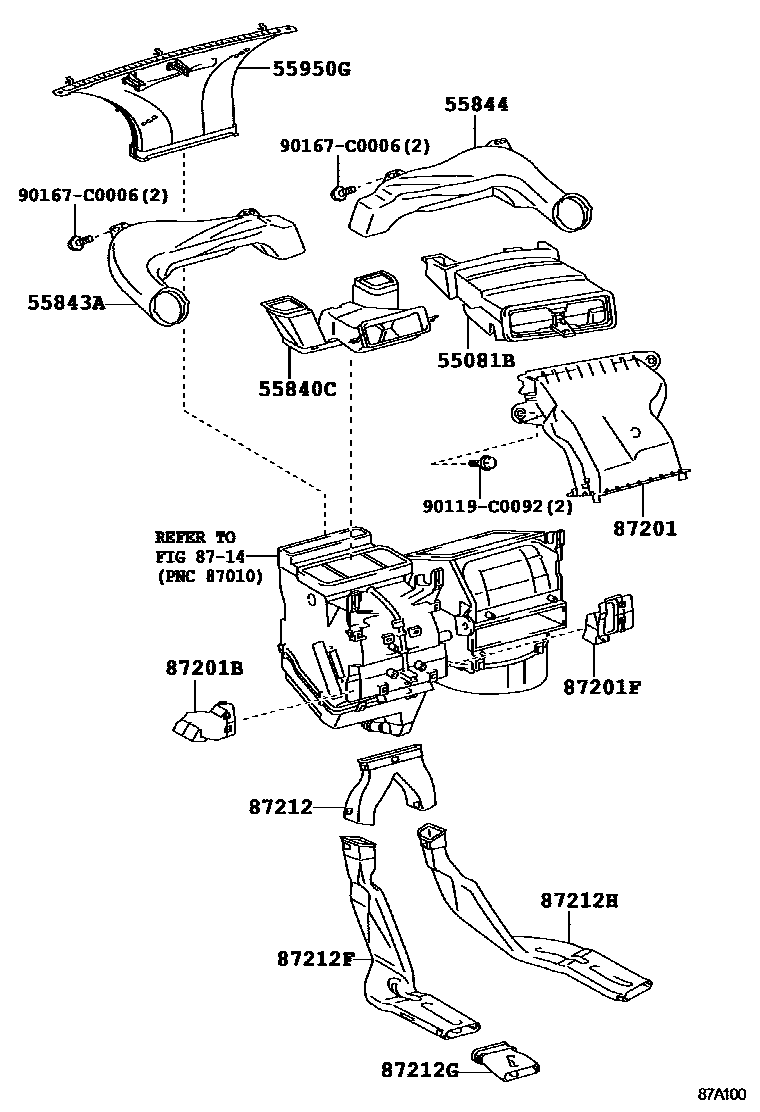 Toyota YARIS 暖风和空调系统 - 控制器和风管 EPC diagram — 87A100