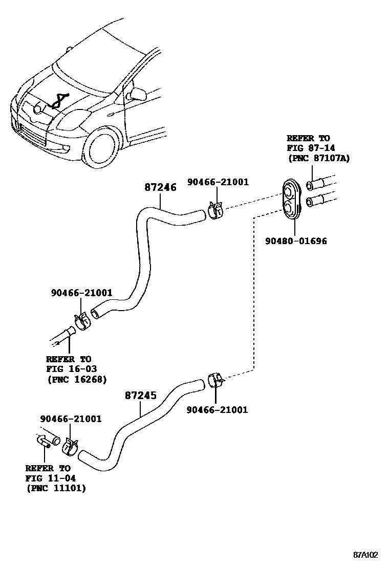 Toyota YARIS 暖风和空调系统 - 水管 EPC diagram — 87A102