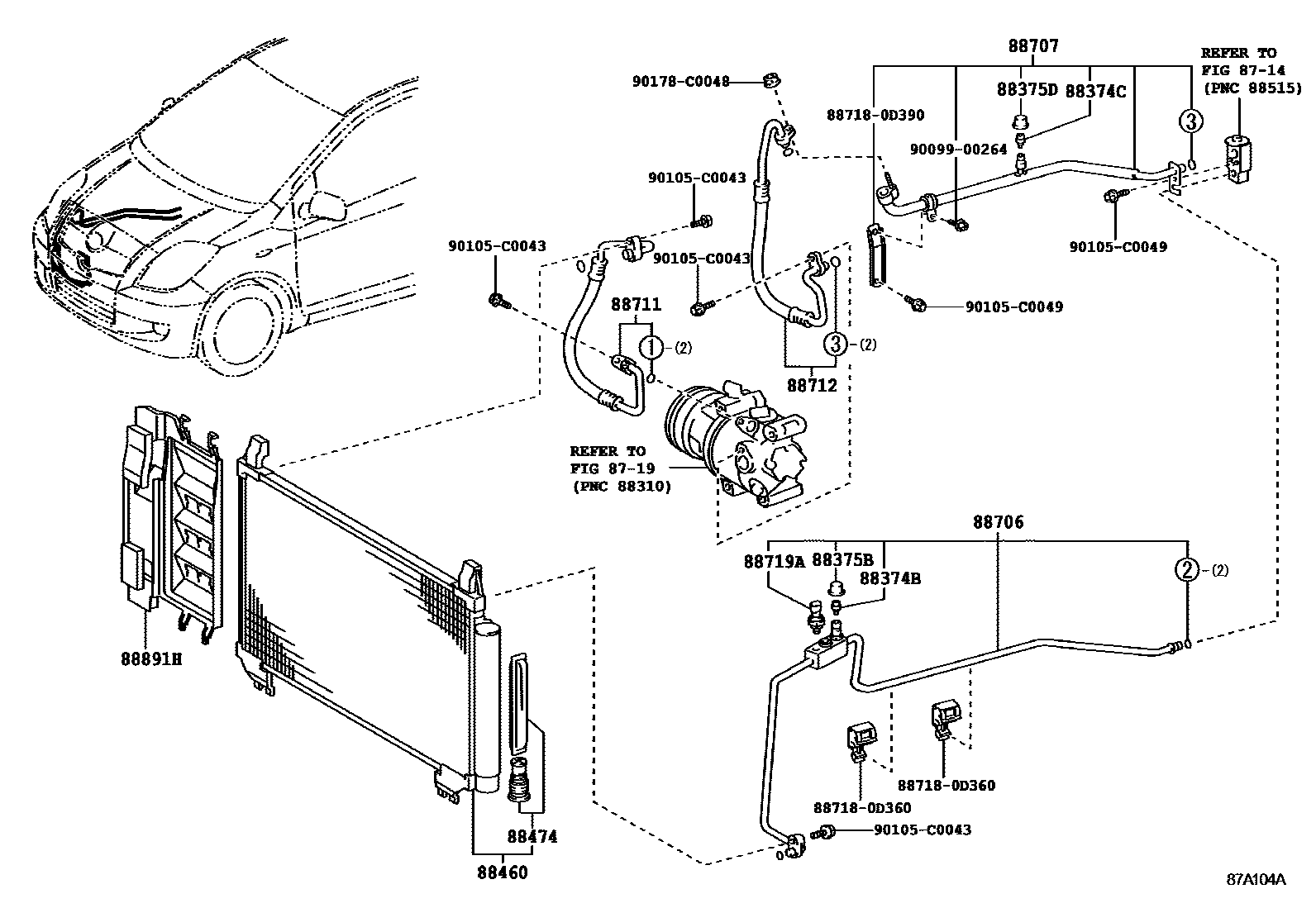 Toyota YARIS Heating & Air Conditioning - Cooler Piping EPC diagram — 87A104A