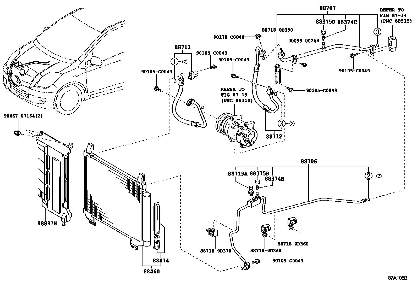 Toyota YARIS Heating & Air Conditioning - Cooler Piping EPC diagram — 87A105B