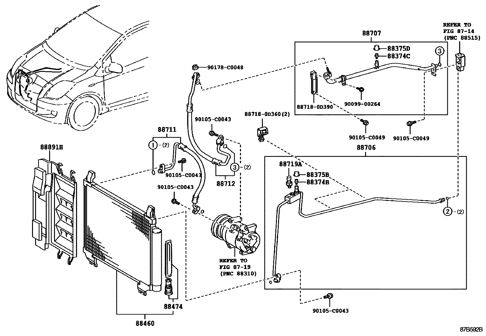 Toyota YARIS Heating & Air Conditioning - Cooler Piping EPC diagram — 87B592B