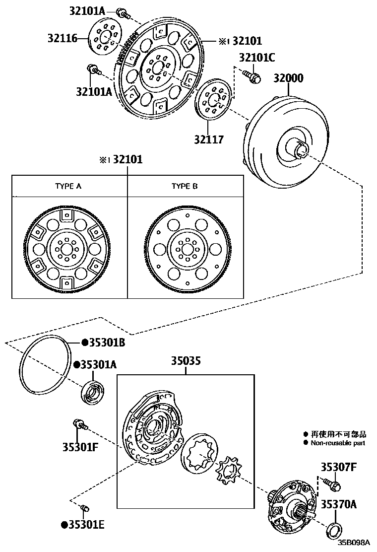 Toyota YARIS 变矩器、前油泵和链条(ATM) EPC diagram — 35B098A