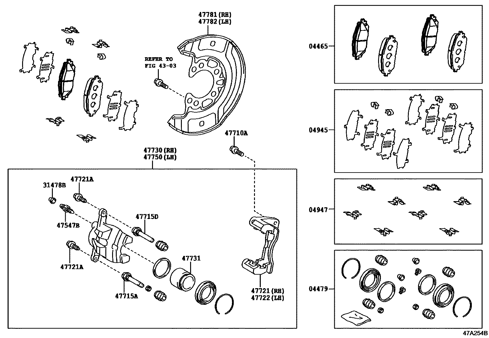 Toyota YARIS 前盘式制动器卡钳和防尘罩 EPC diagram — 47A254B