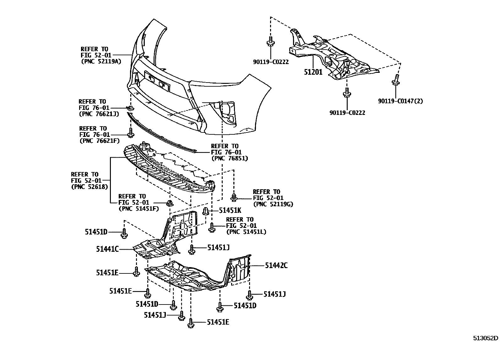 Toyota YARIS 悬架横梁和发动机底罩 EPC diagram — 513052D