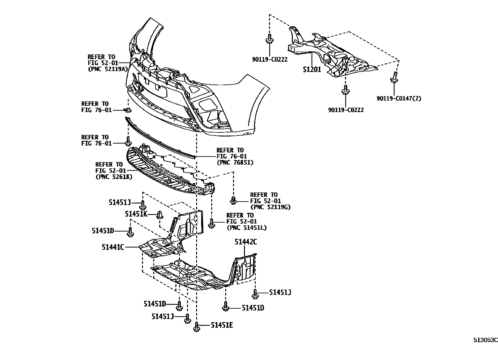 Toyota YARIS 悬架横梁和发动机底罩 EPC diagram — 513053C