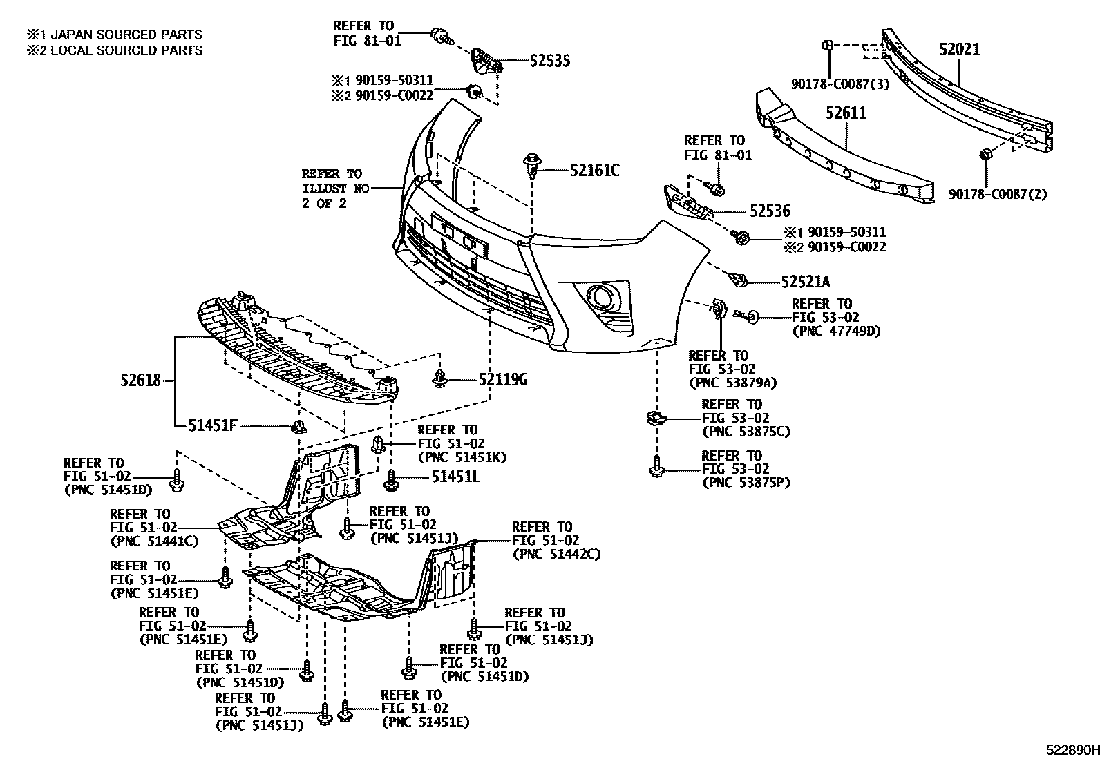 Toyota YARIS 前保险杠及附件 EPC diagram — 522890H