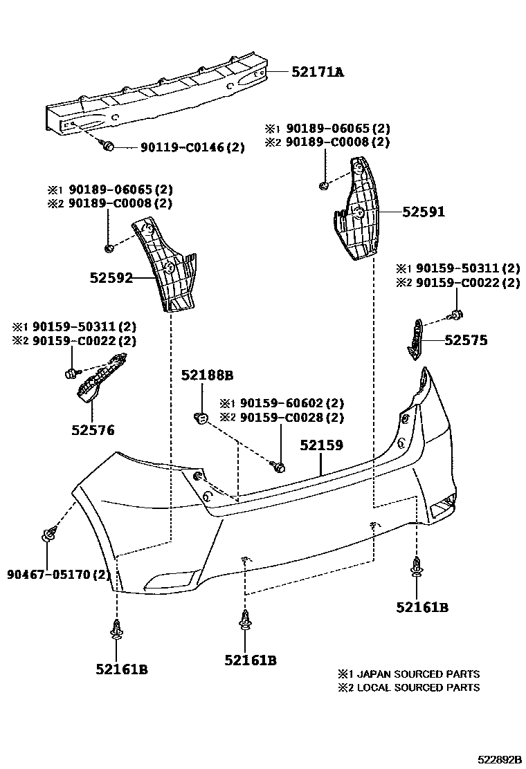 Toyota YARIS 后保险杠及附件 EPC diagram — 522892B