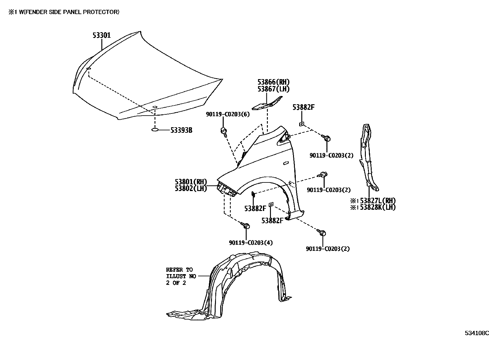 Toyota YARIS 发动机盖和前翼子板 EPC diagram — 534108C