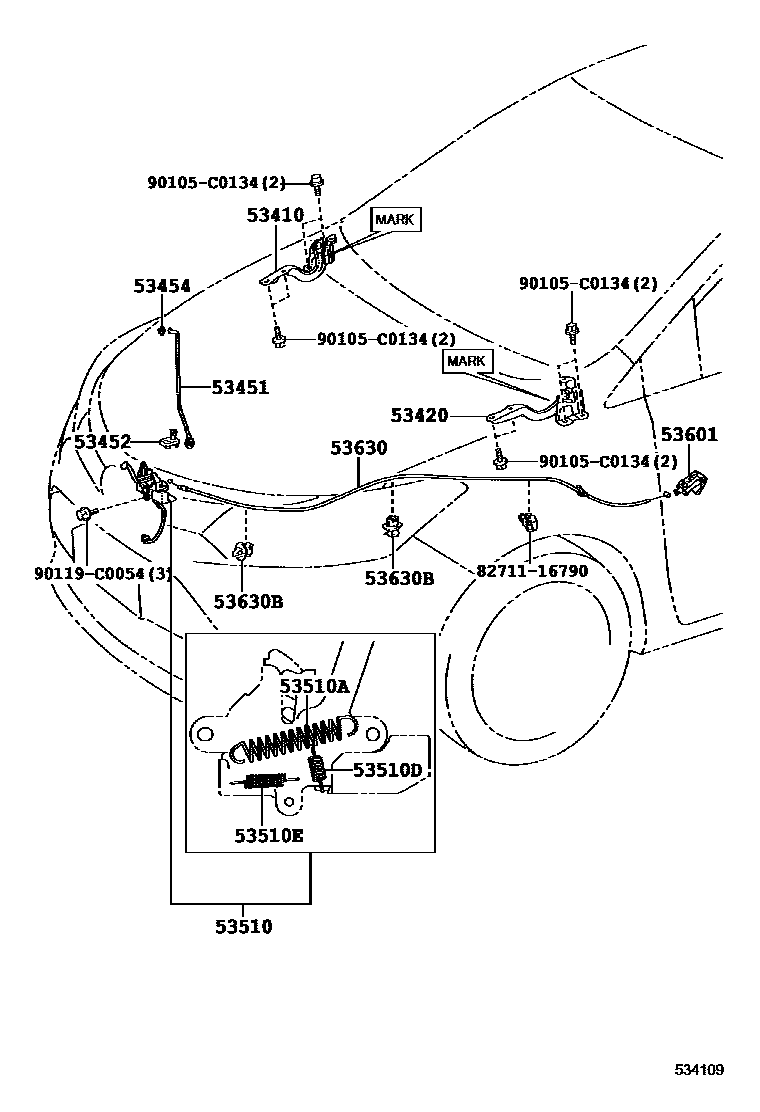 Toyota YARIS 发动机盖锁和铰链 EPC diagram — 534109A