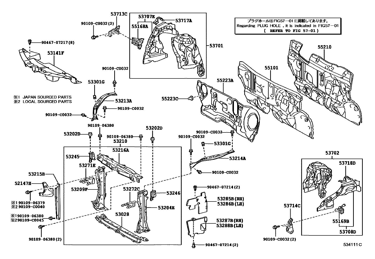 Toyota YARIS 前翼子板挡泥板和前围板 EPC diagram — 534111C