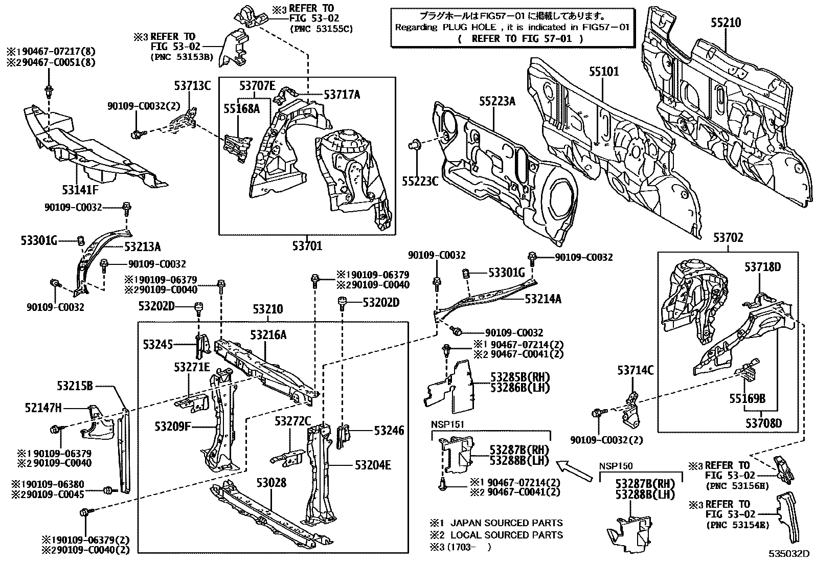 Toyota YARIS 前翼子板挡泥板和前围板 EPC diagram — 535032D