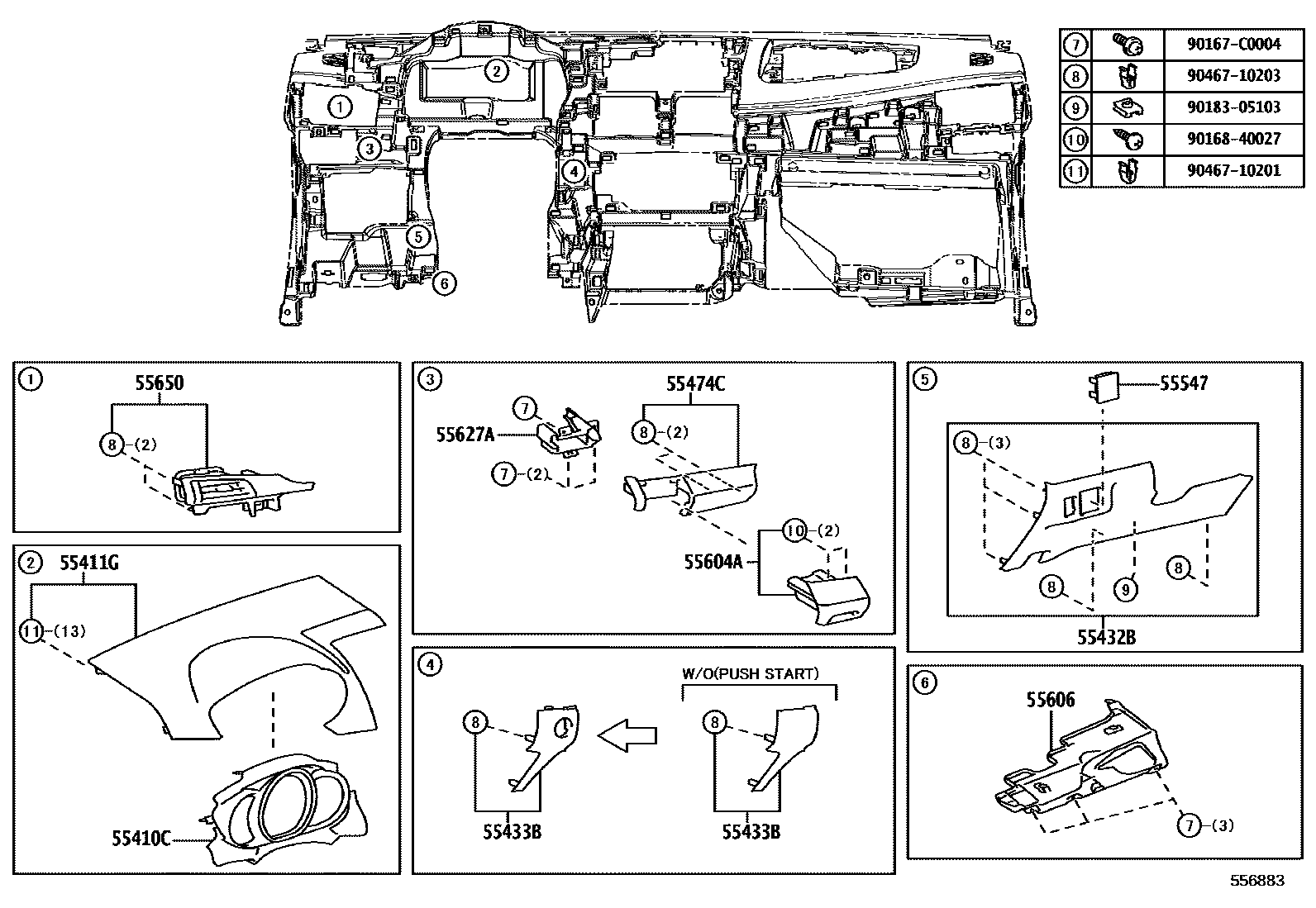 Toyota YARIS 仪表板和手套箱 EPC diagram — 556883