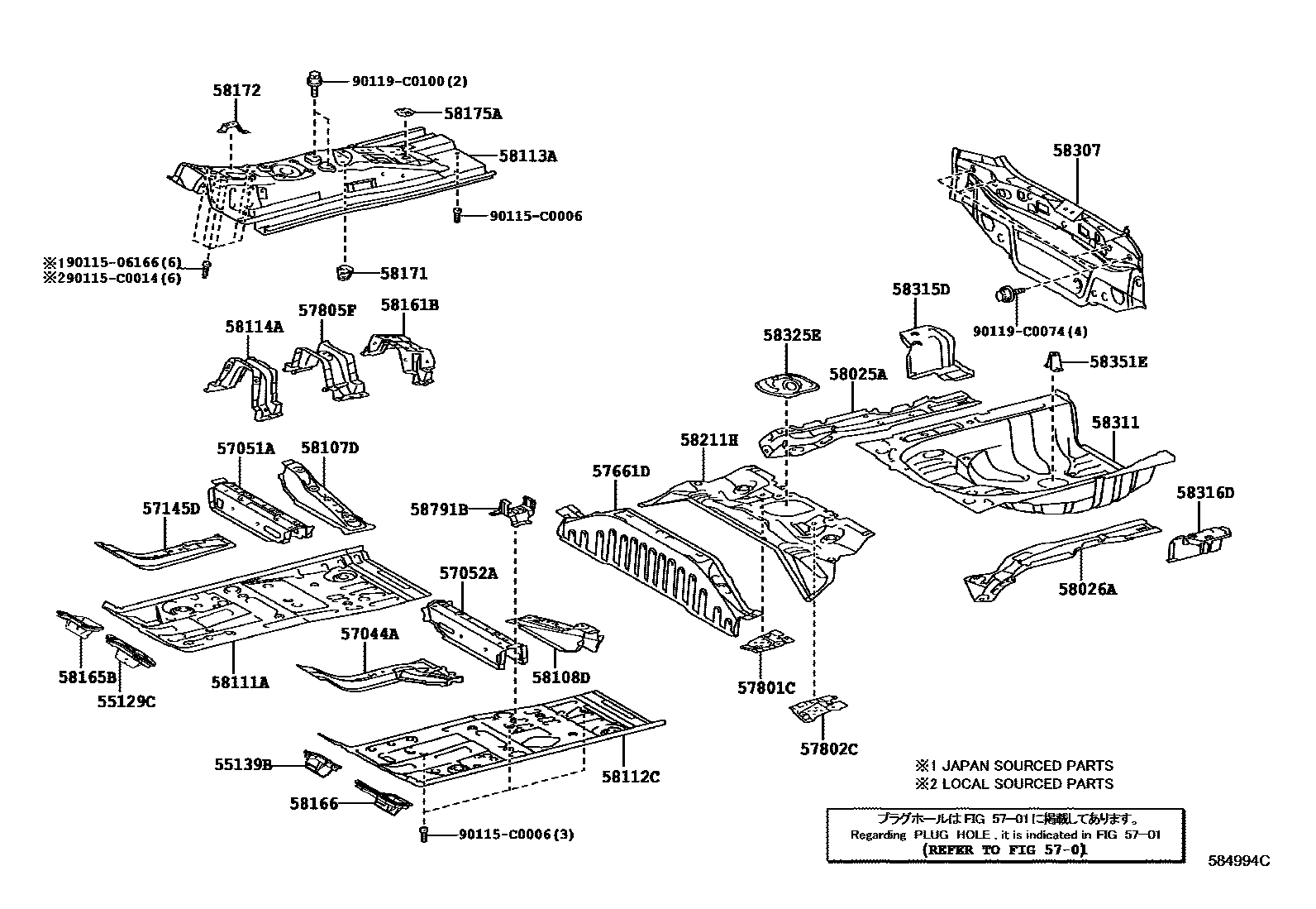Toyota YARIS 浅盘形地板和车身下背板 EPC diagram — 584994C