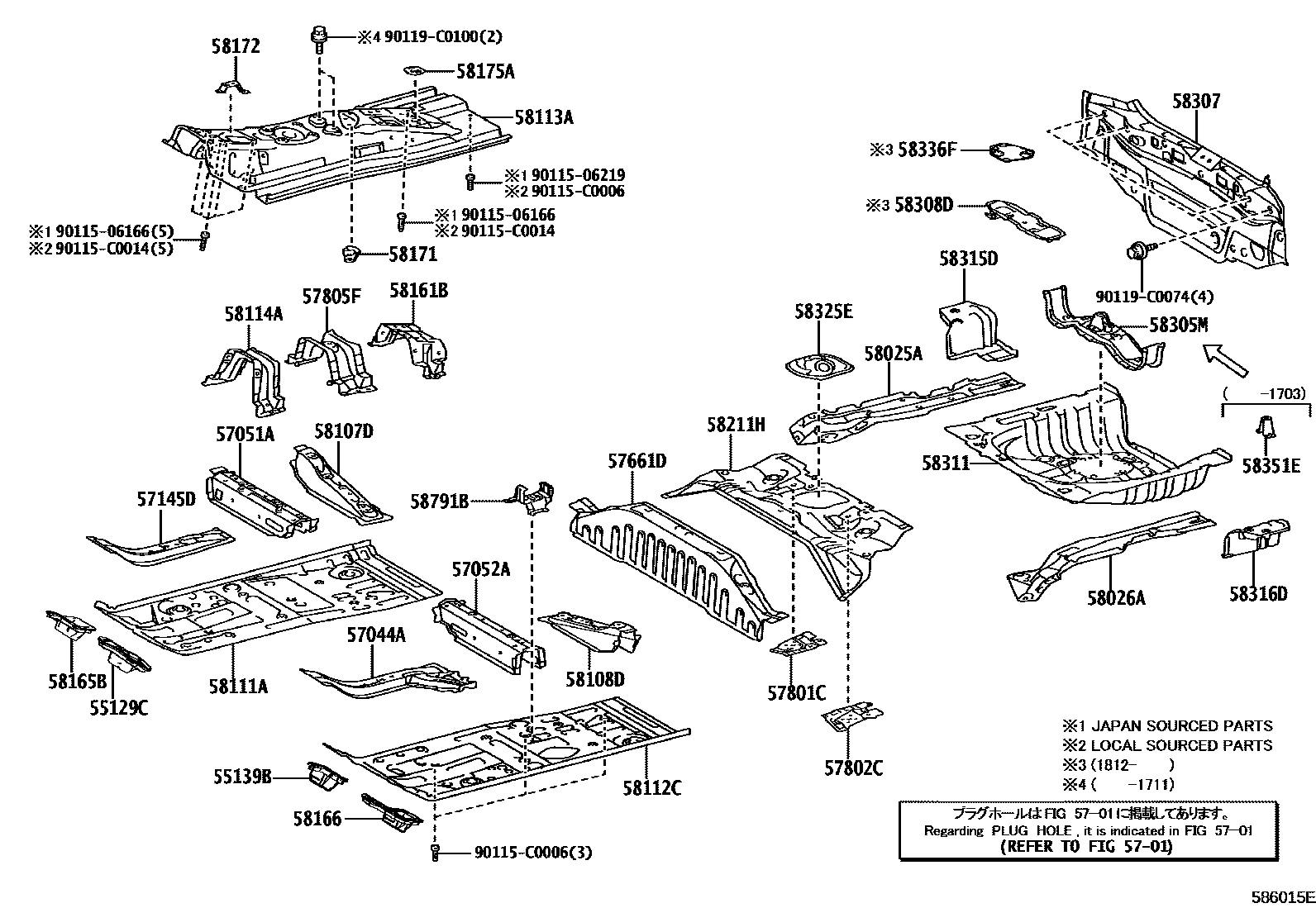 Toyota YARIS 浅盘形地板和车身下背板 EPC diagram — 586015E