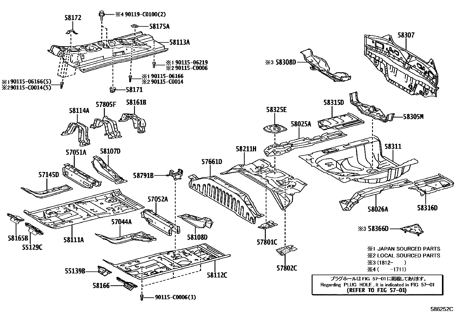 Toyota YARIS 浅盘形地板和车身下背板 EPC diagram — 586252C