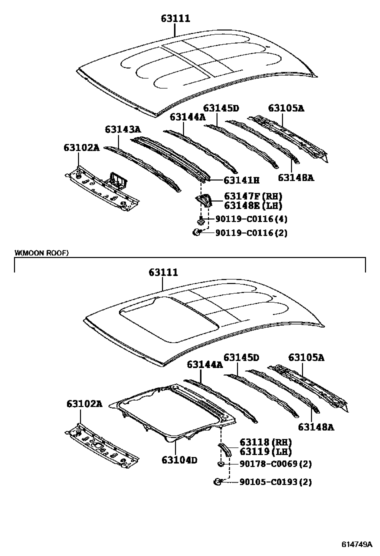 Toyota YARIS 天窗板和背窗玻璃 EPC diagram — 614749A