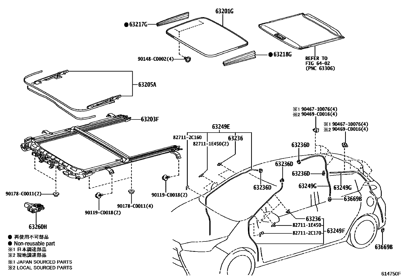 Toyota YARIS 天窗板和背窗玻璃 EPC diagram — 614750F