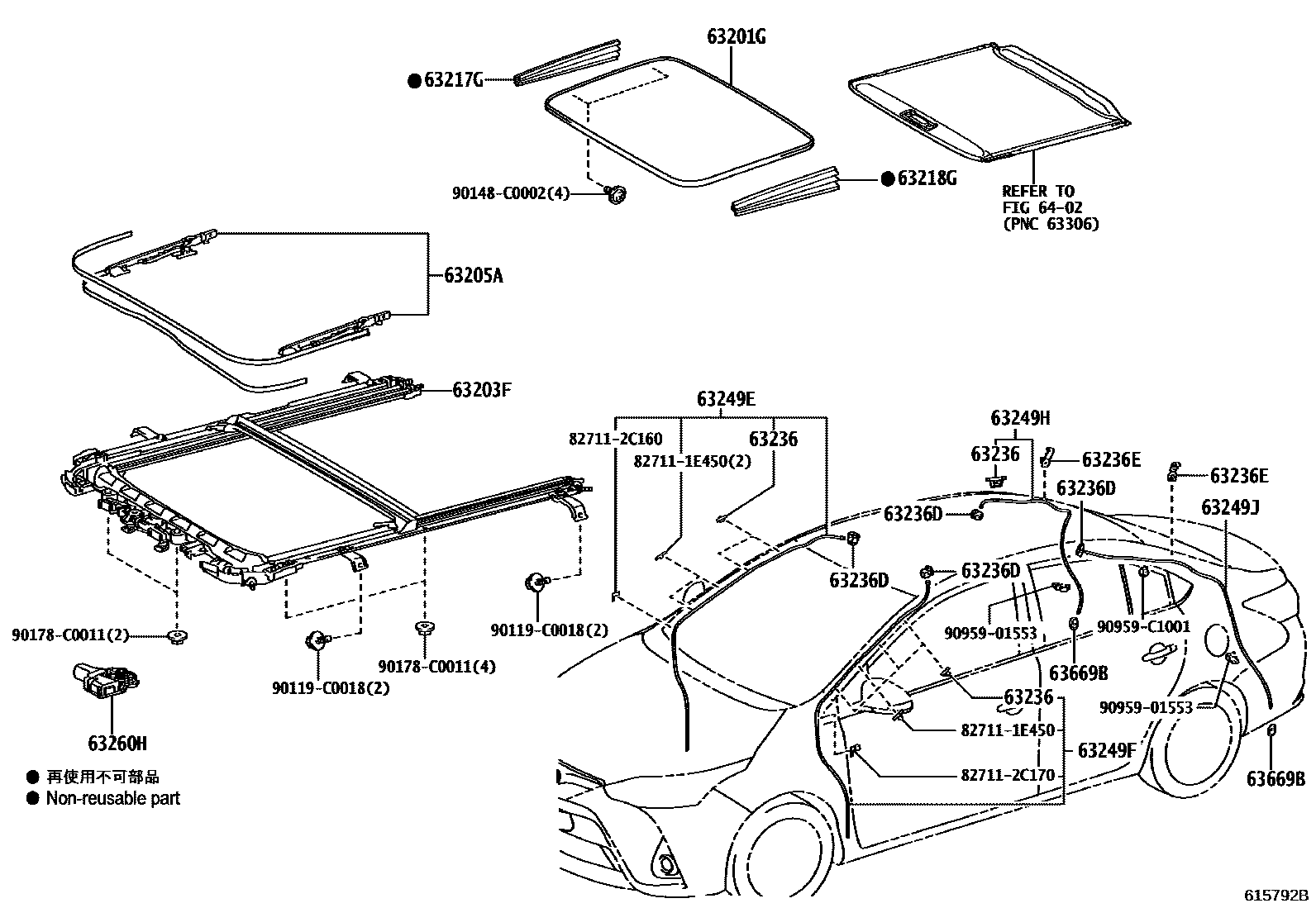 Toyota YARIS 天窗板和背窗玻璃 EPC diagram — 615792B