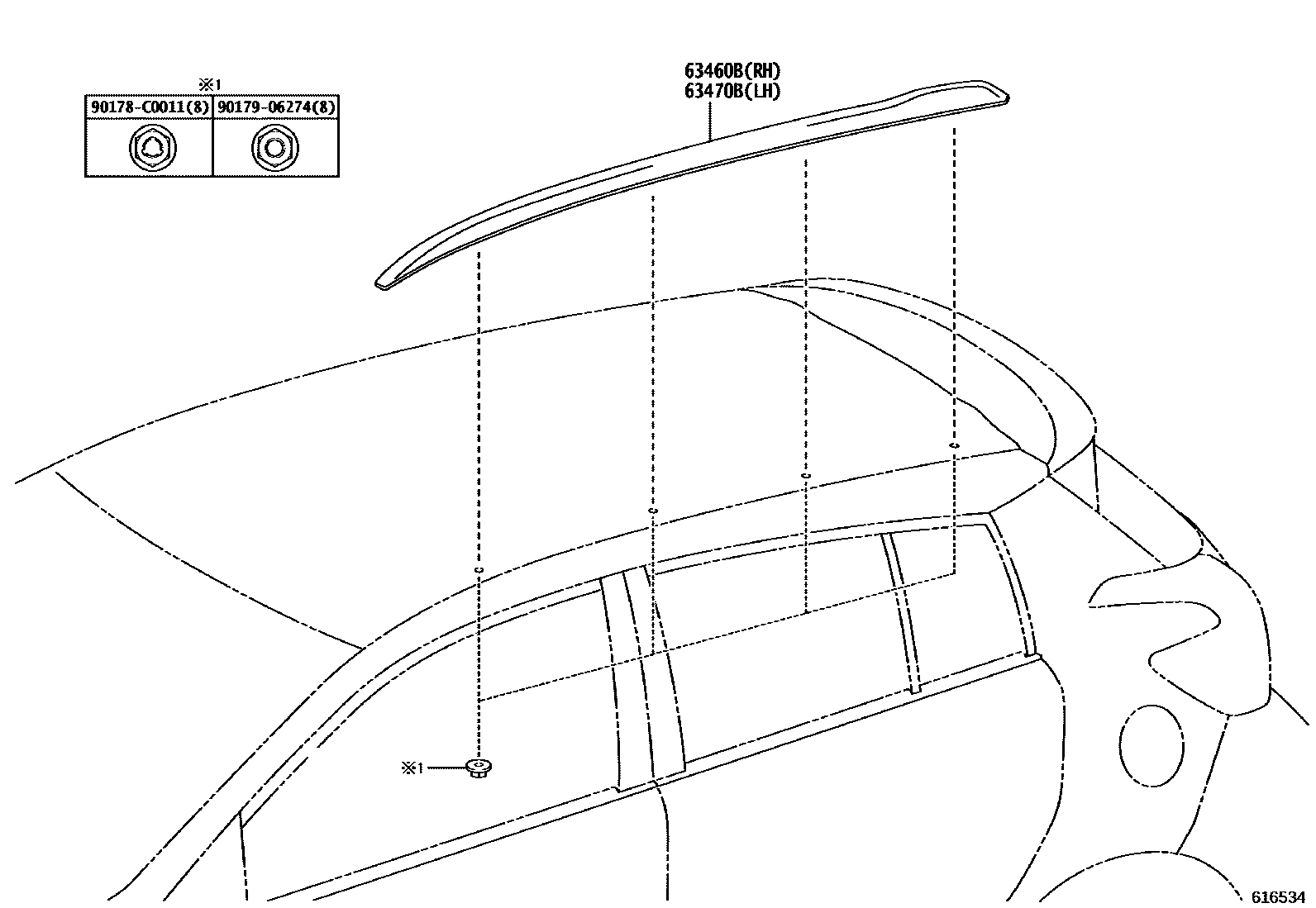 Toyota YARIS 天窗板和背窗玻璃 EPC diagram — 616534
