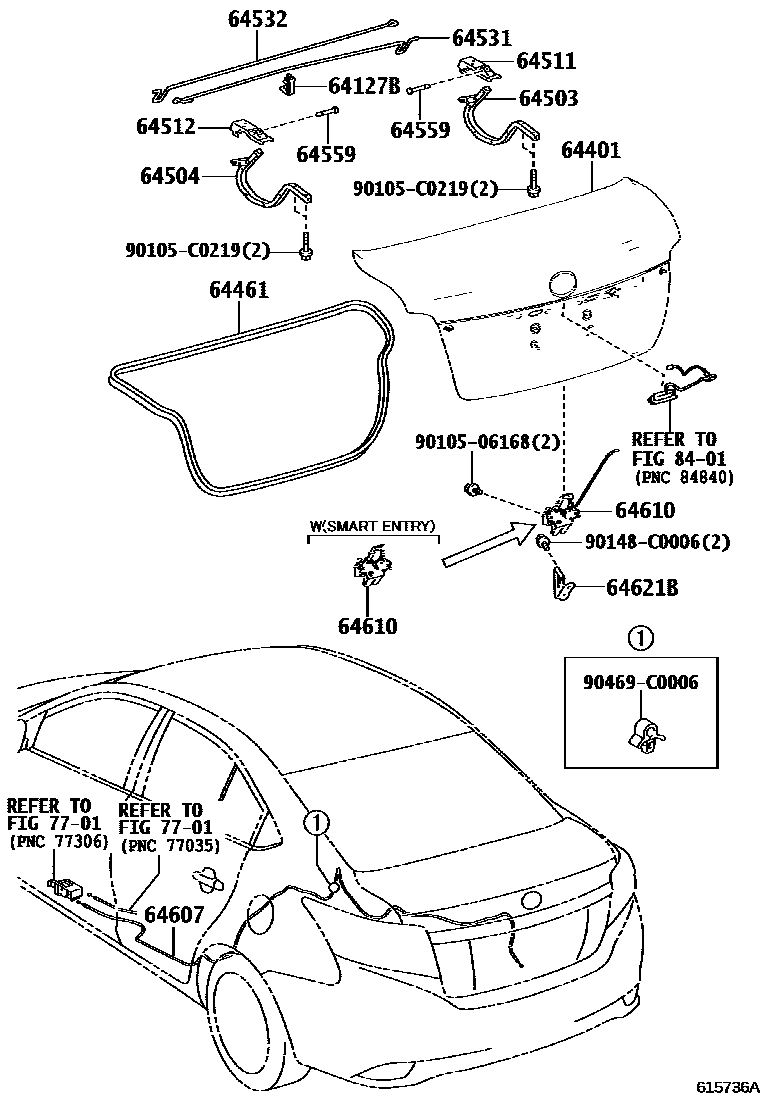 Toyota YARIS 行李箱门和行李箱锁 EPC diagram — 615736A