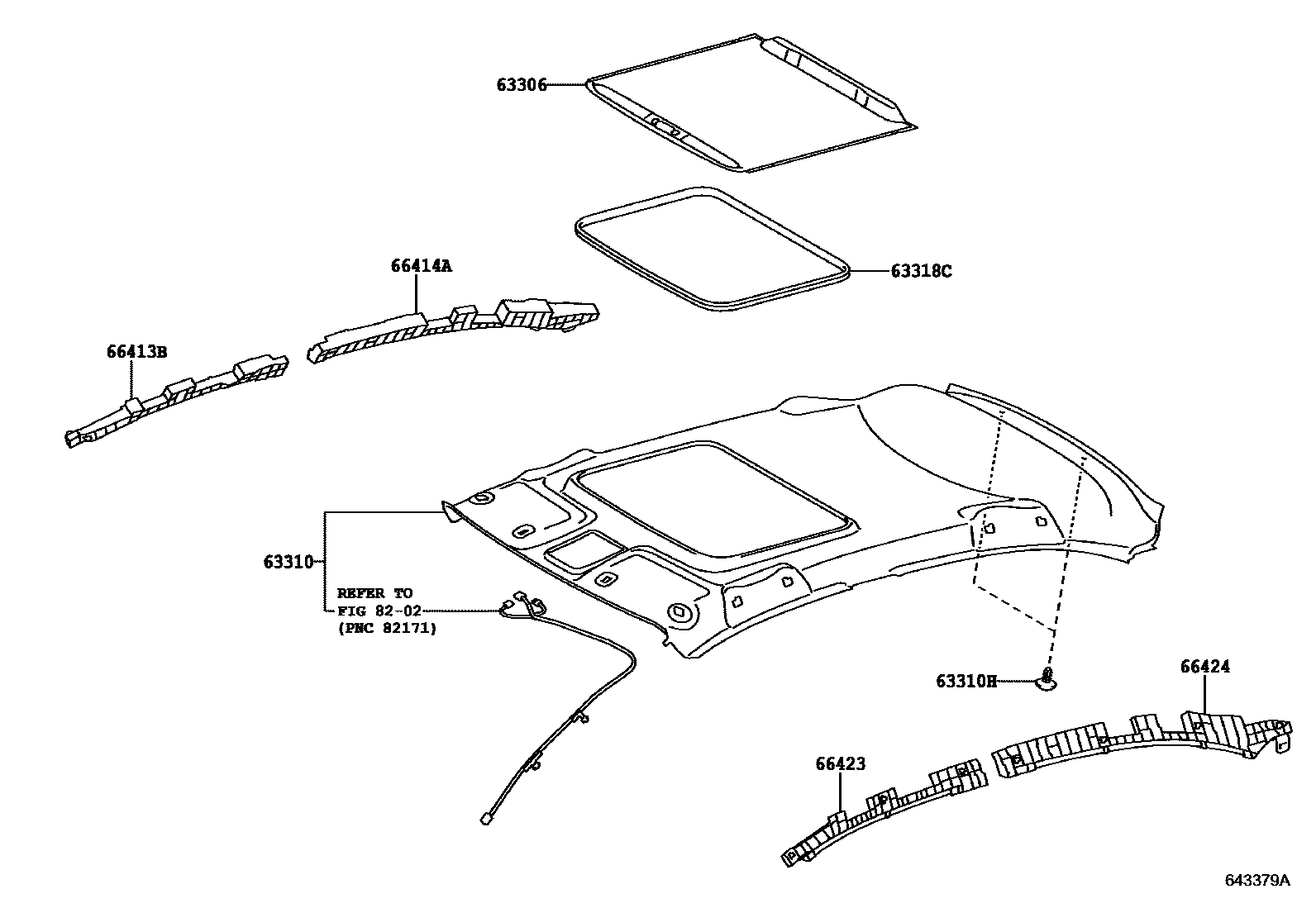 Toyota YARIS 车顶内衬和消声垫 EPC diagram — 643379A