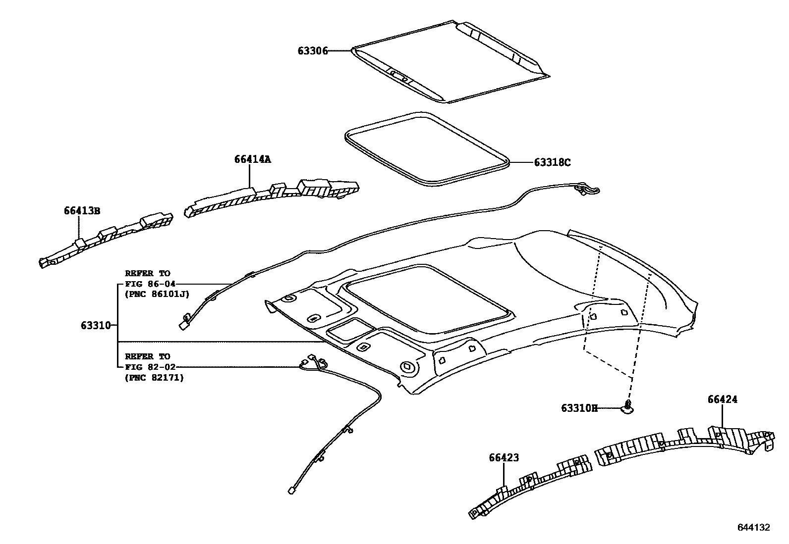 Toyota YARIS 车顶内衬和消声垫 EPC diagram — 644132