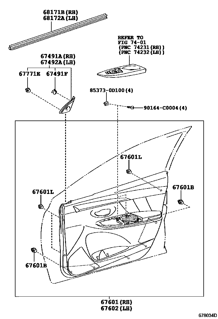 Toyota YARIS 前门板和前门玻璃 EPC diagram — 678034D