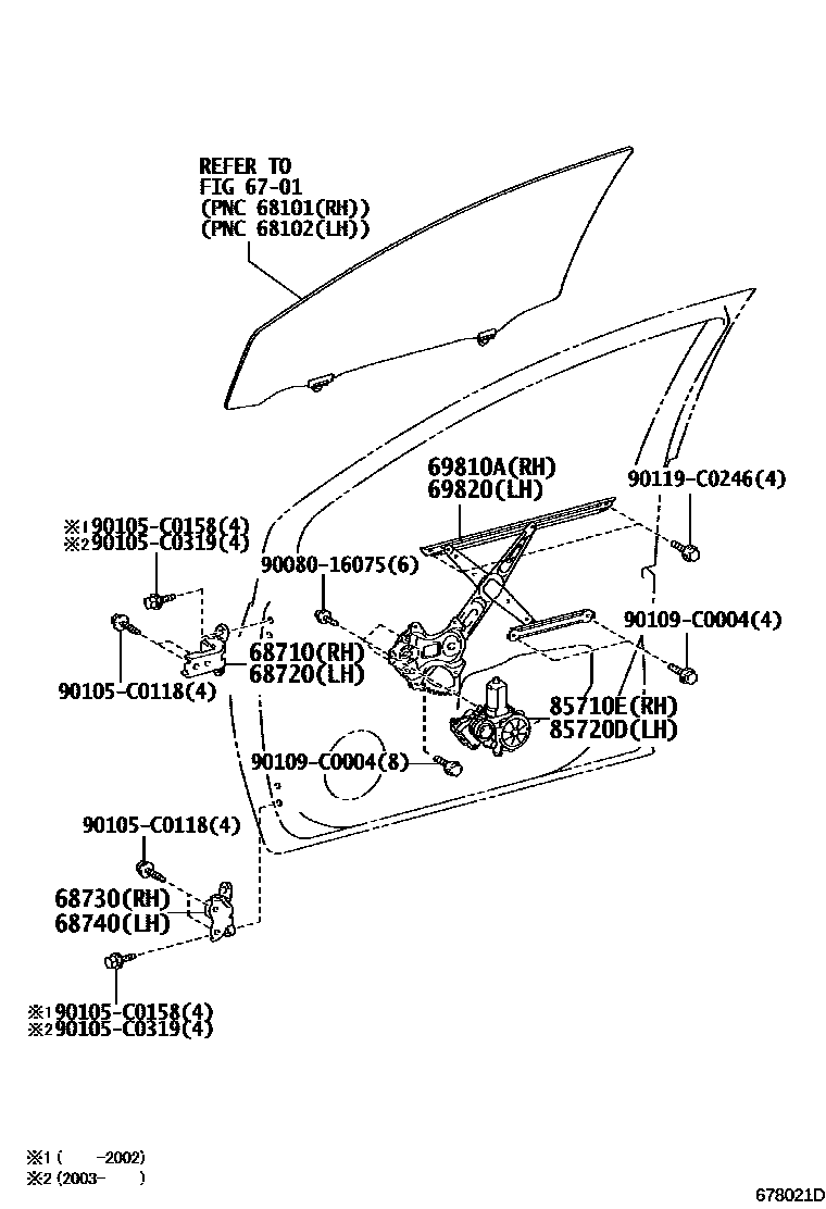 Toyota YARIS 前门车窗升降器和合页 EPC diagram — 678021D