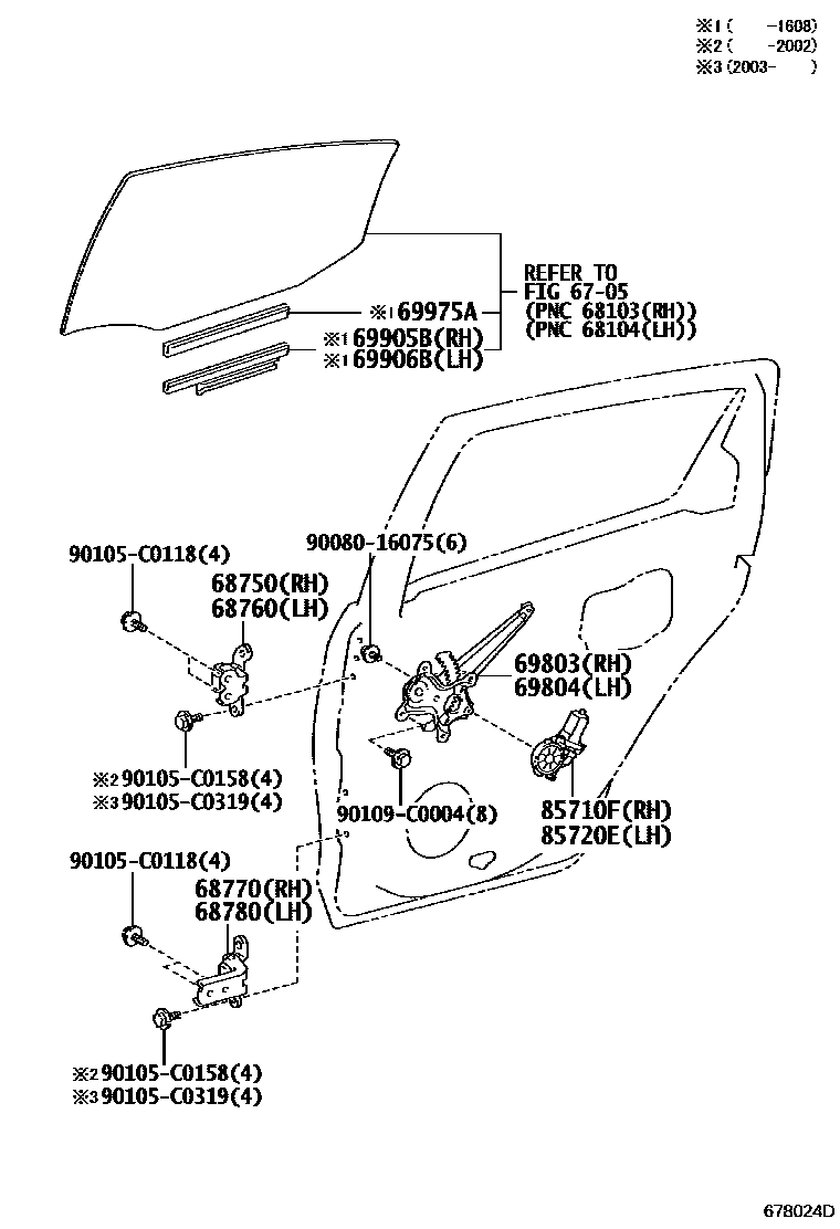 Toyota YARIS 后门车窗升降器和合页 EPC diagram — 678024D
