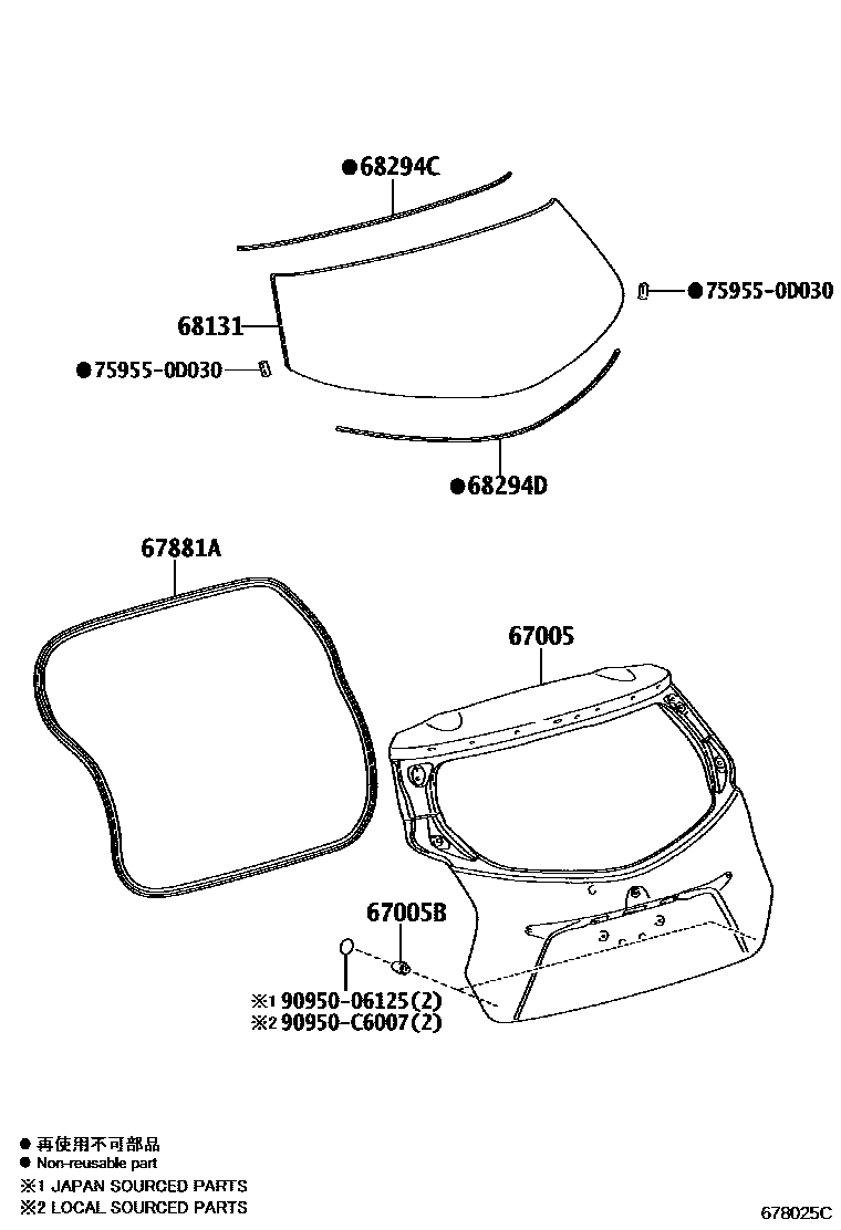 Toyota YARIS 背门板和背门玻璃 EPC diagram — 678025C