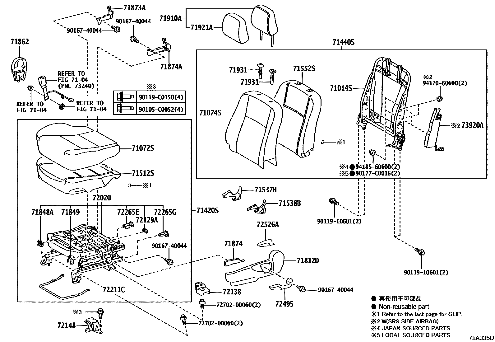 Toyota YARIS 前排座椅和座椅滑轨 EPC diagram — 71A335D
