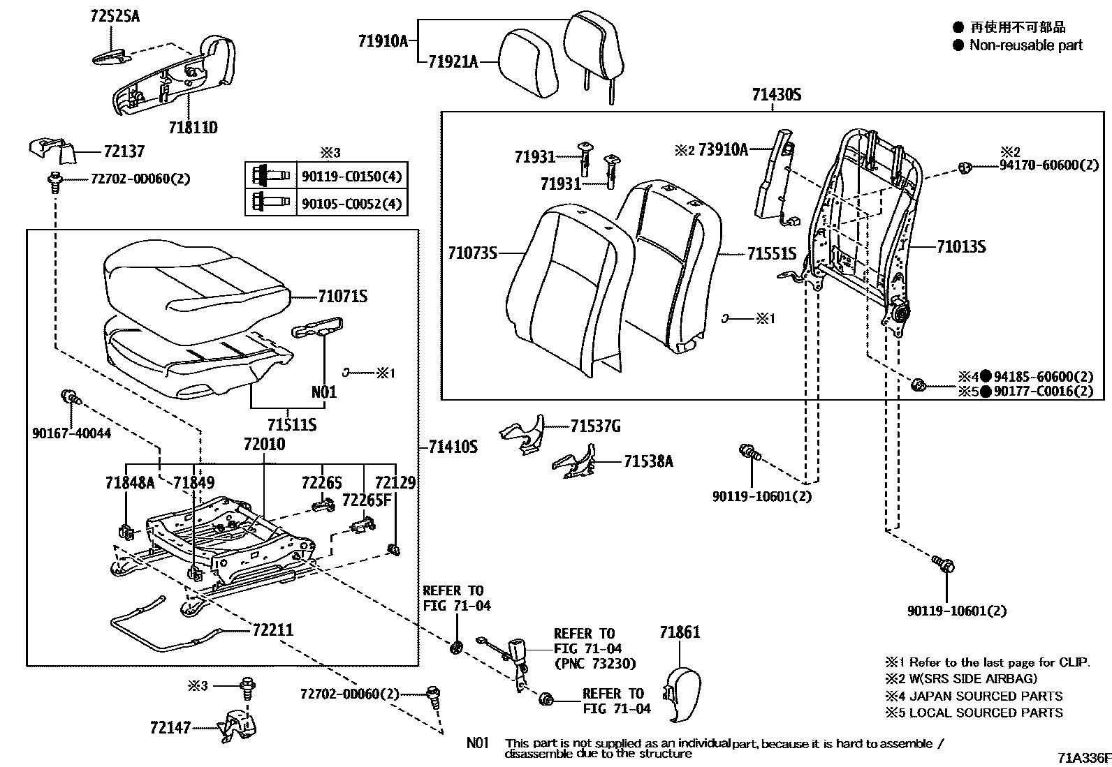 Toyota YARIS 前排座椅和座椅滑轨 EPC diagram — 71A336F