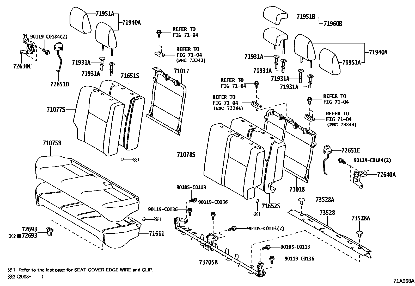 Toyota YARIS 后排座椅和座椅滑轨 EPC diagram — 71A668A