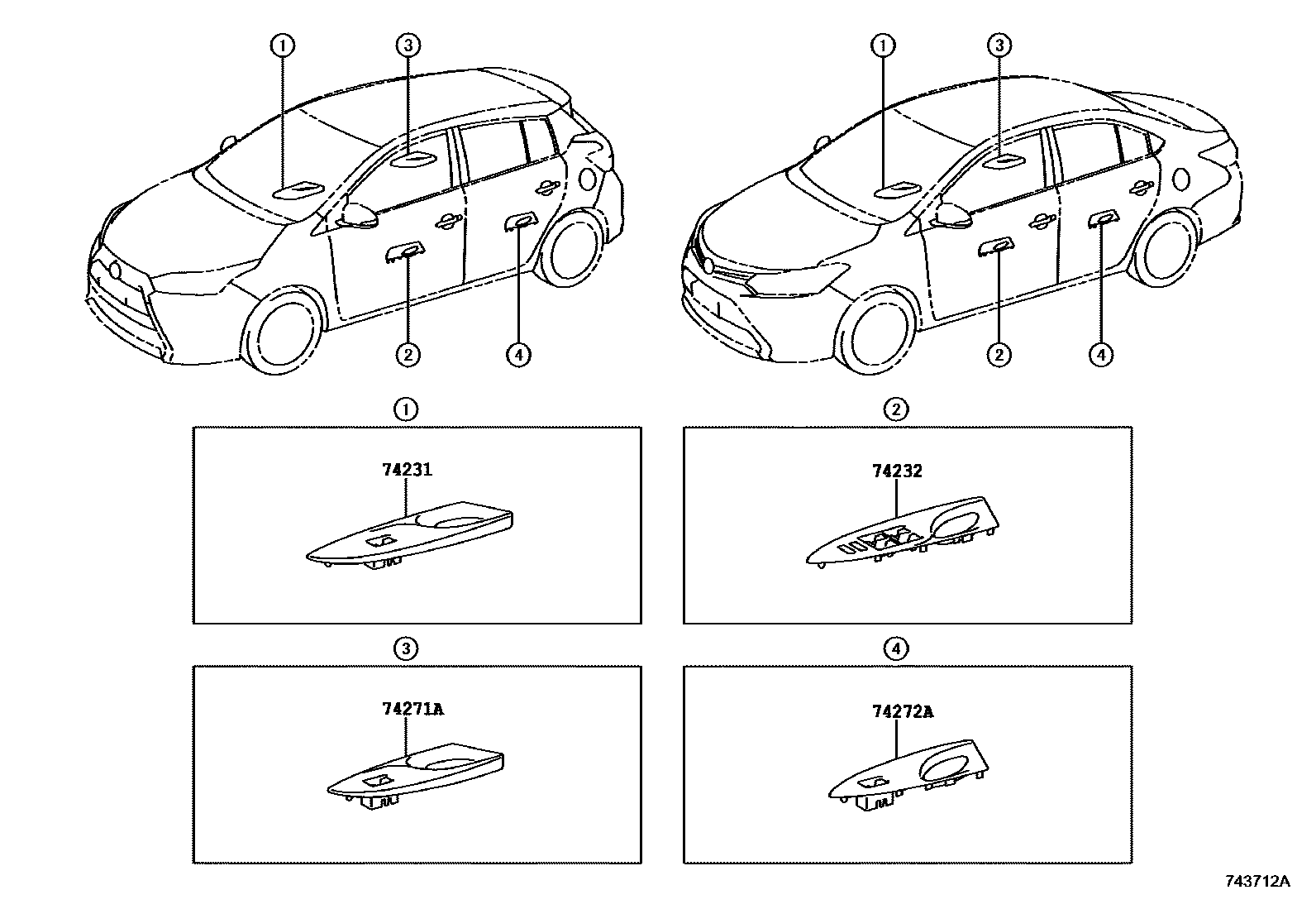 Toyota YARIS 扶手和遮阳板 EPC diagram — 743712A