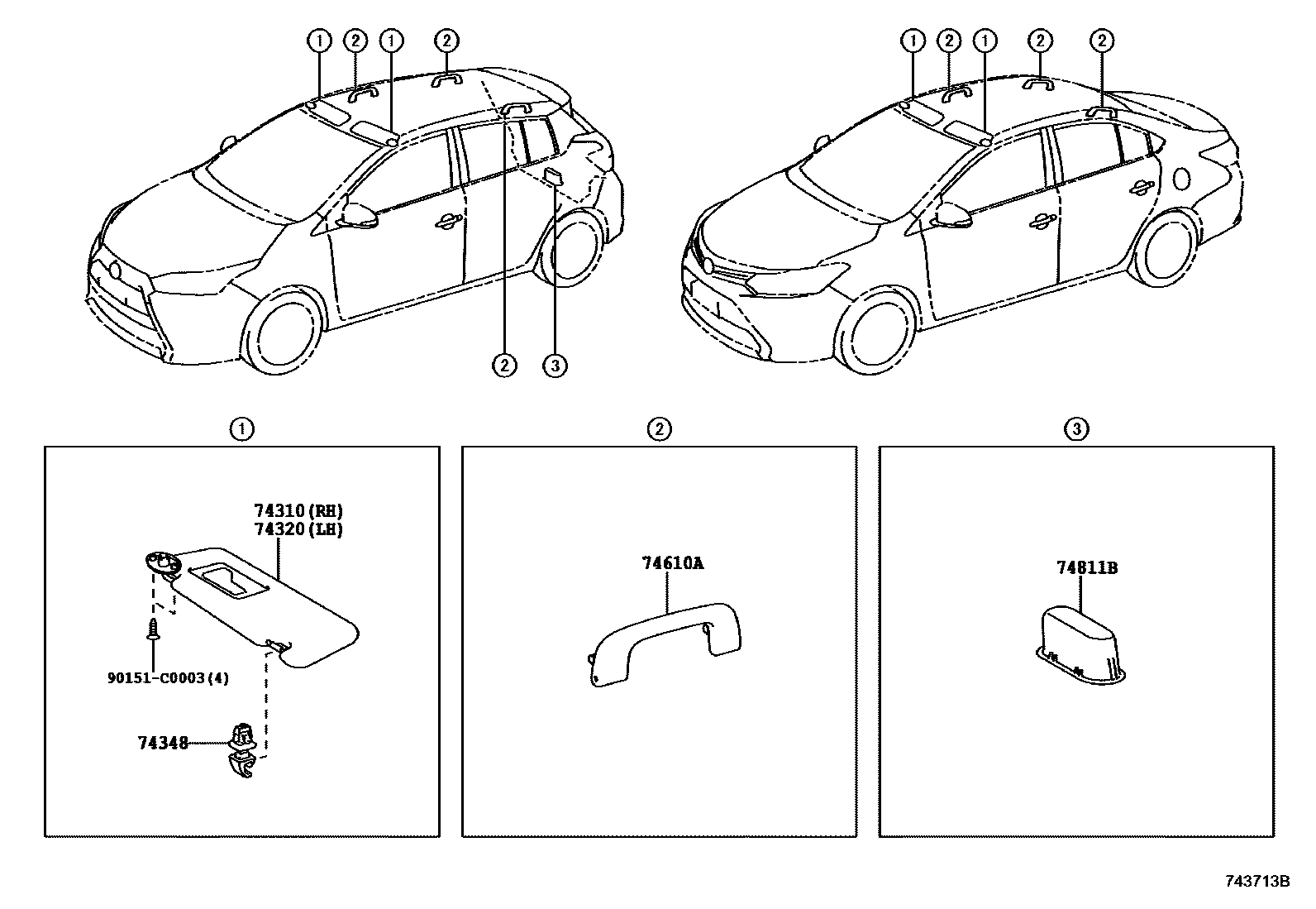 Toyota YARIS 扶手和遮阳板 EPC diagram — 743713B