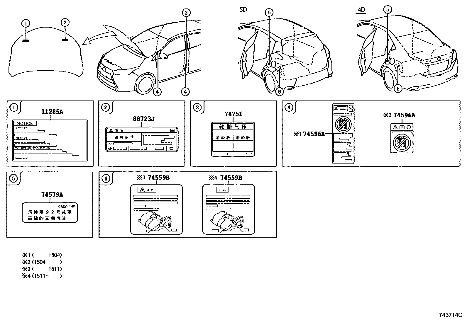 Toyota YARIS 警示铭牌(车外和车内) EPC diagram — 743714D