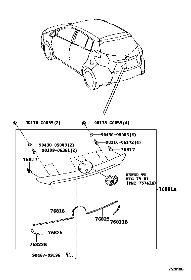 Toyota YARIS 后防护条 EPC diagram — 752919B