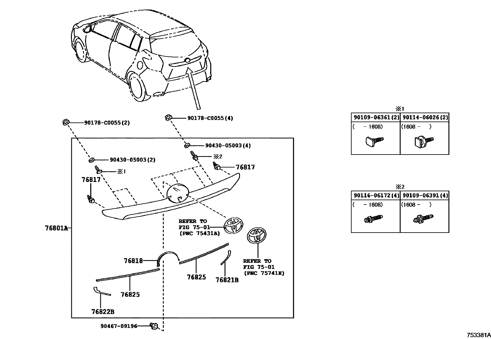 Toyota YARIS 后防护条 EPC diagram — 753381A