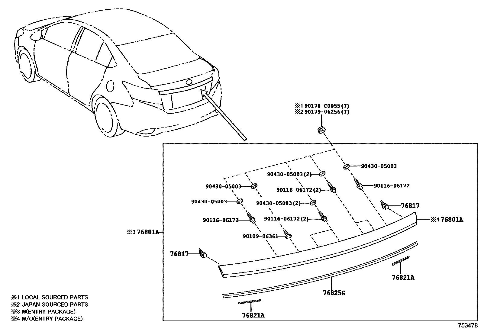 Toyota YARIS 后防护条 EPC diagram — 753478