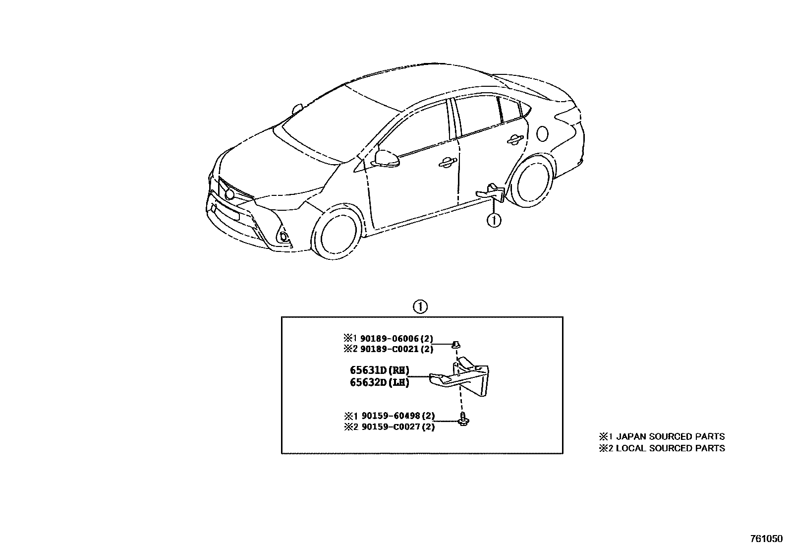 Toyota YARIS 挡泥板和扰流板 EPC diagram — 761050