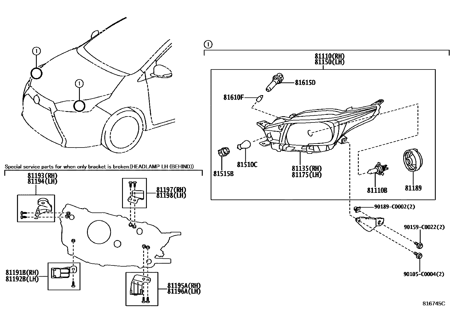 Toyota YARIS Headlamp EPC diagram — 816745C