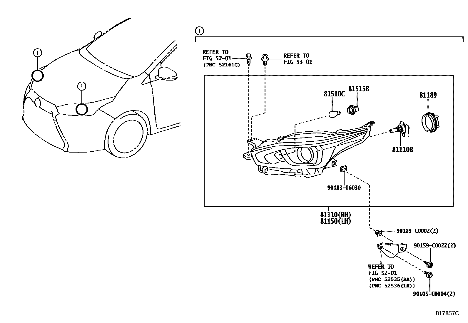 Toyota YARIS Headlamp EPC diagram — 817857C