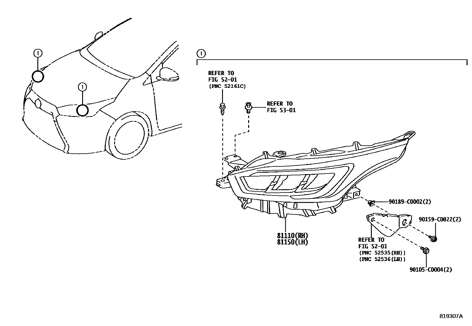 Toyota YARIS Headlamp EPC diagram — 819307A