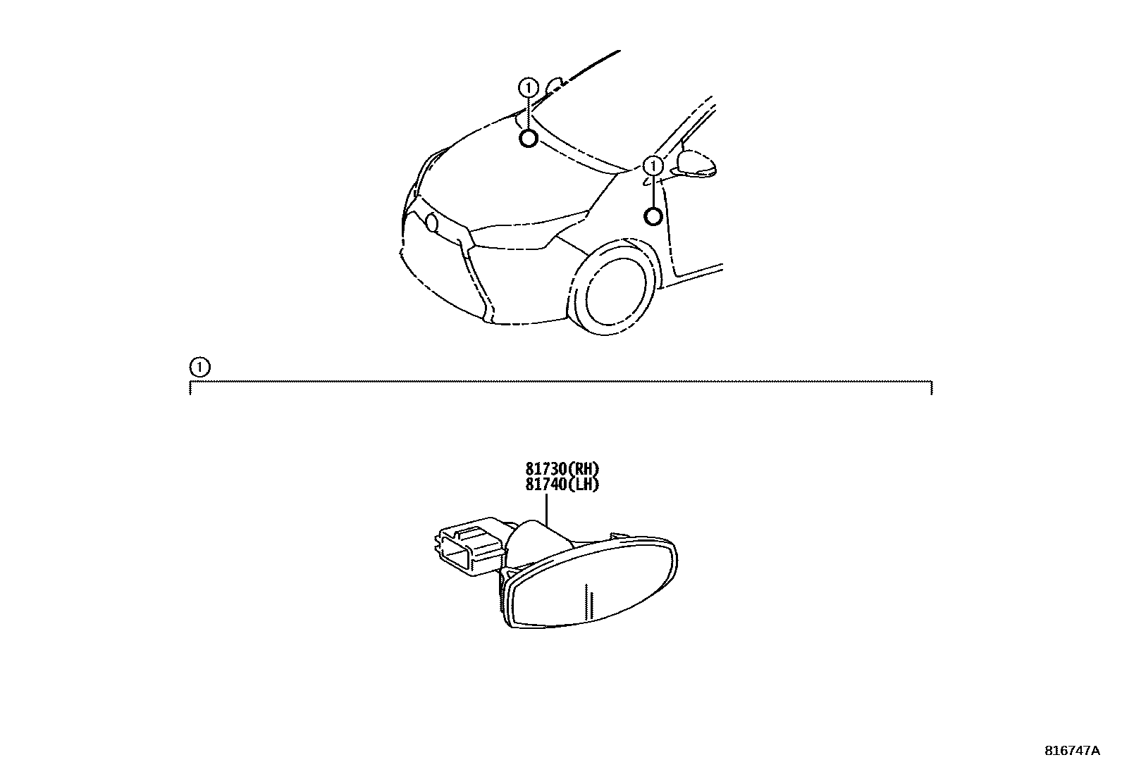 Toyota YARIS Side Turn Signal & Outer Mirror Lamp EPC diagram — 816747A