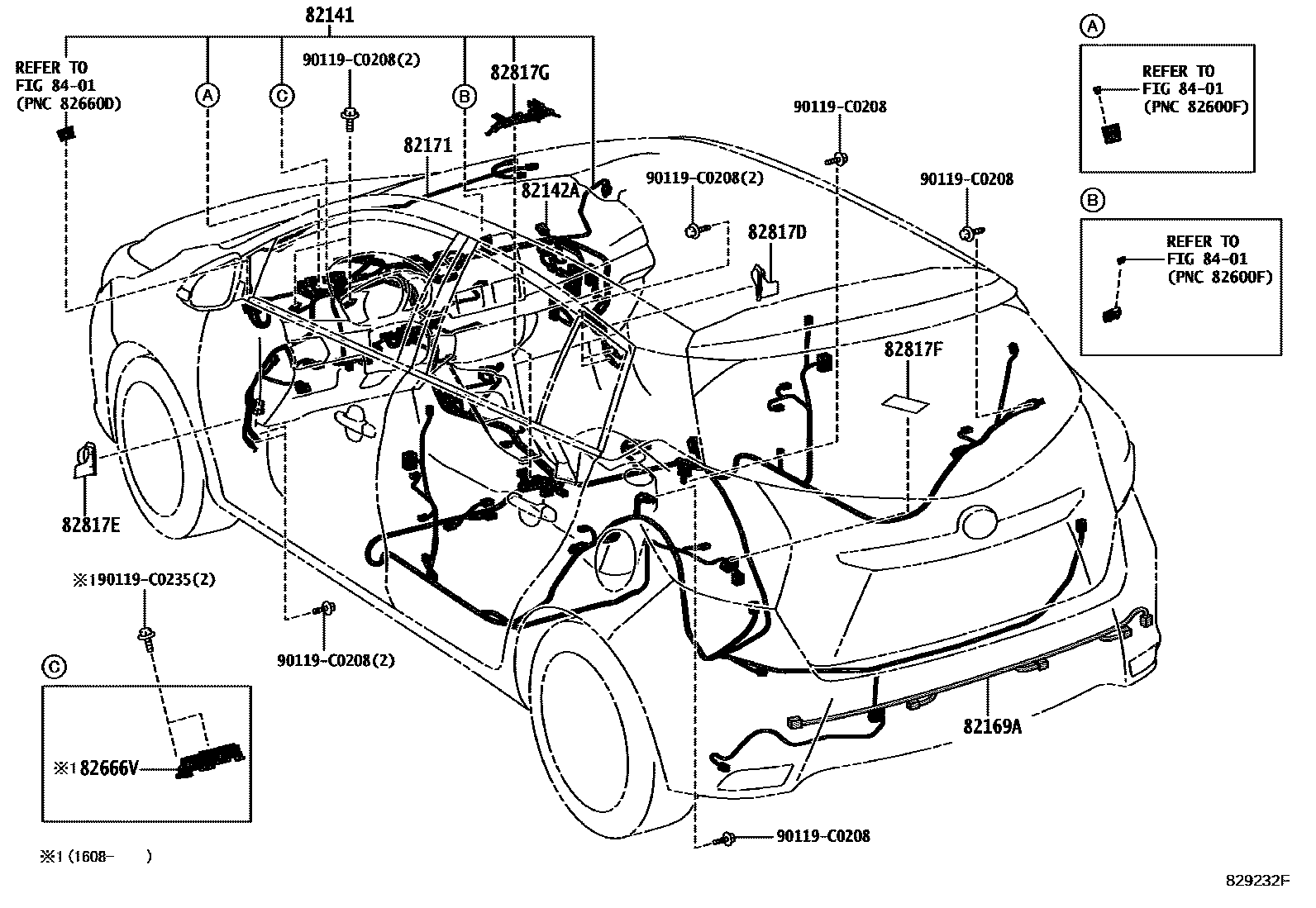 Toyota YARIS 线束和卡夹 EPC diagram — 829232F