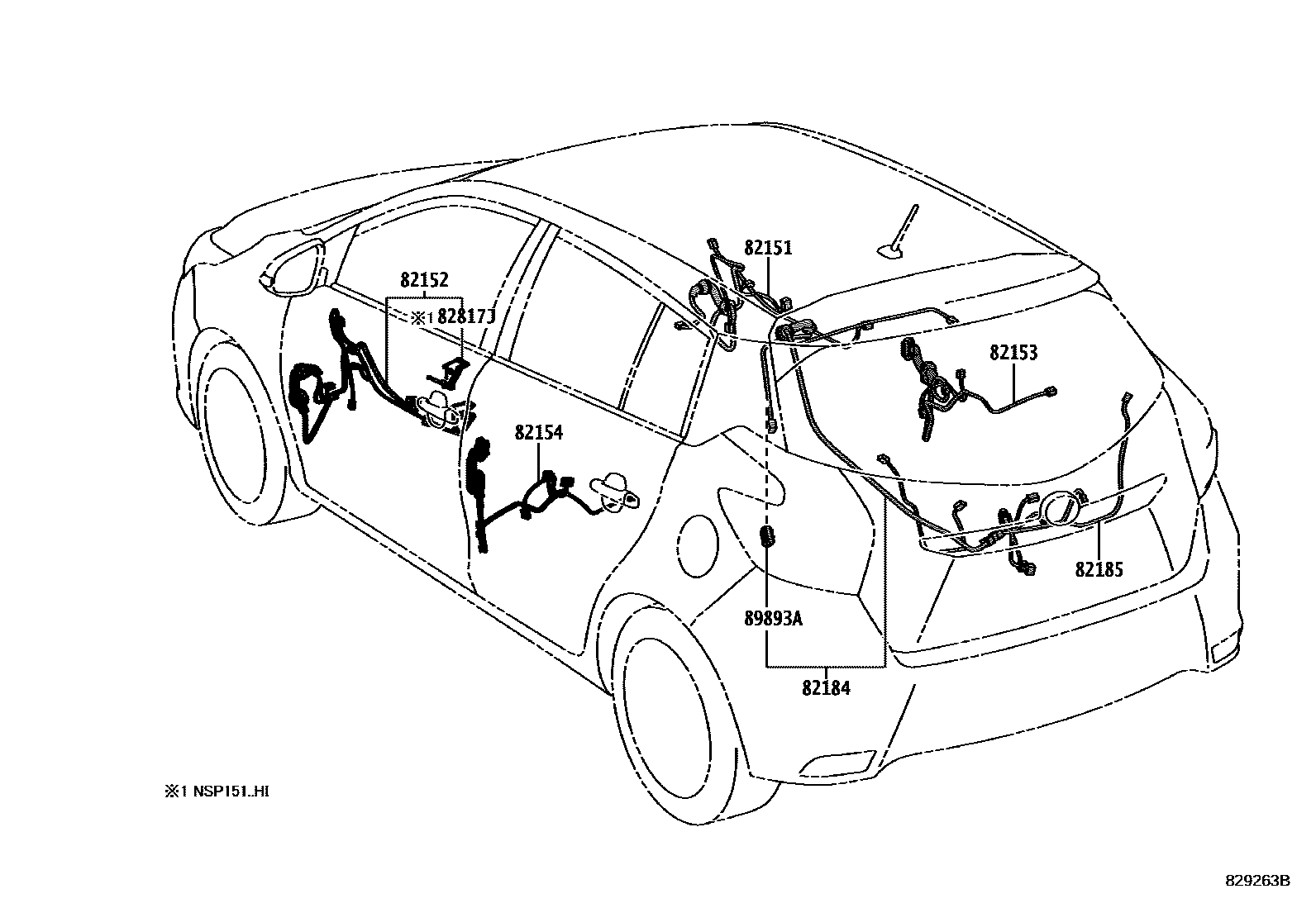 Toyota YARIS 线束和卡夹 EPC diagram — 829263B