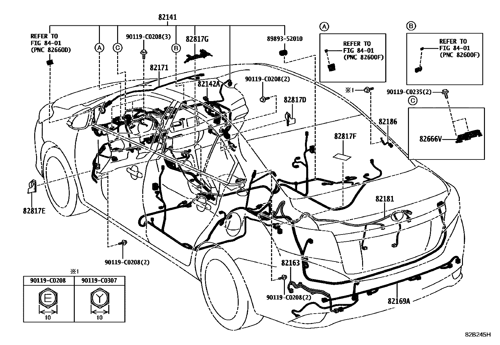 Toyota YARIS 线束和卡夹 EPC diagram — 82B245H