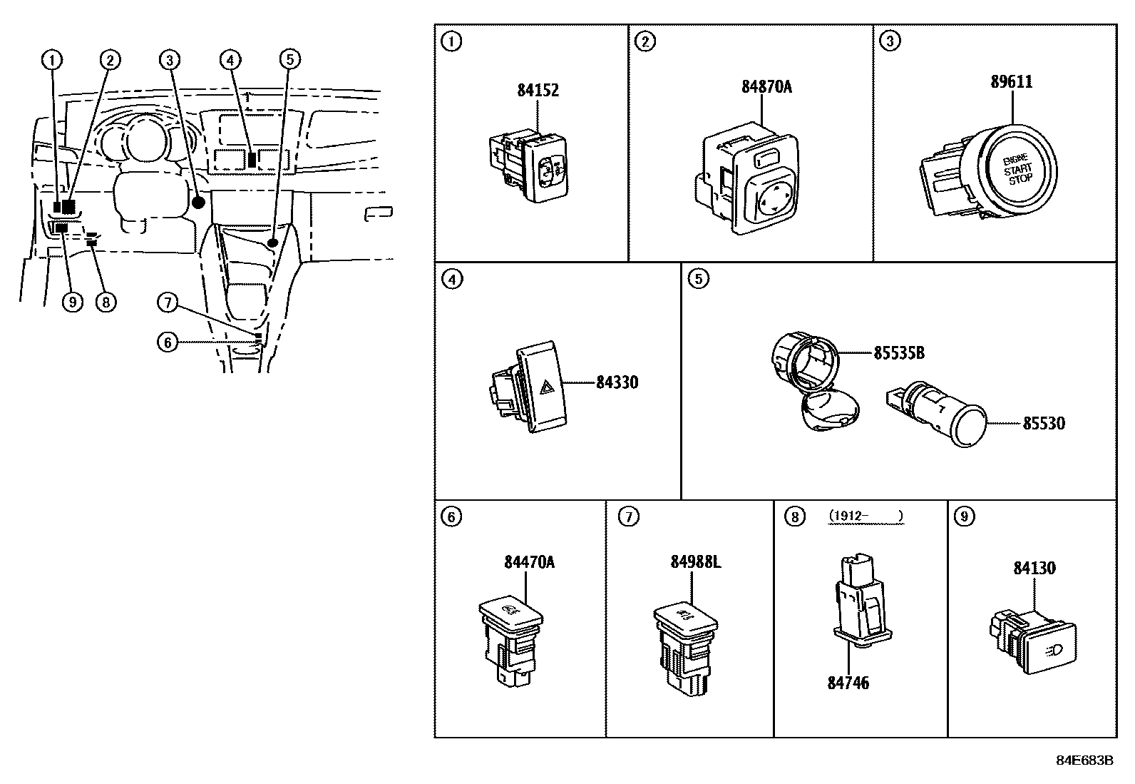Toyota YARIS 开关和继电器和ECU EPC diagram — 84E683B