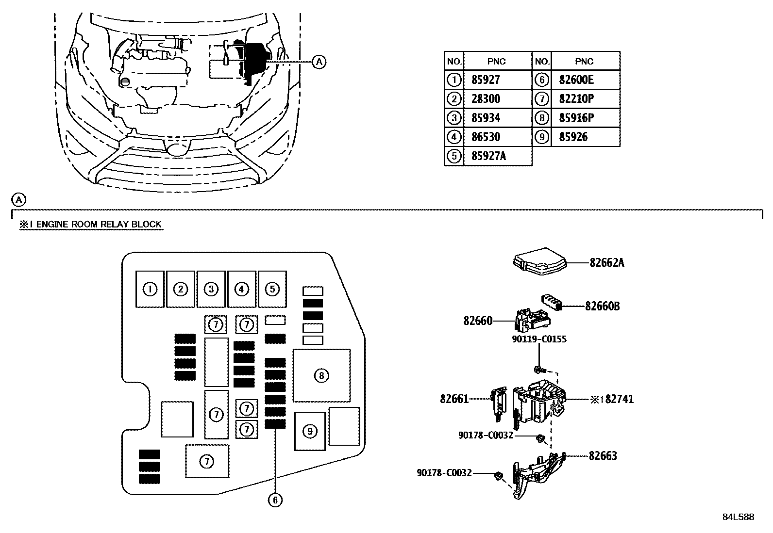 Toyota YARIS 开关和继电器和ECU EPC diagram — 84L588